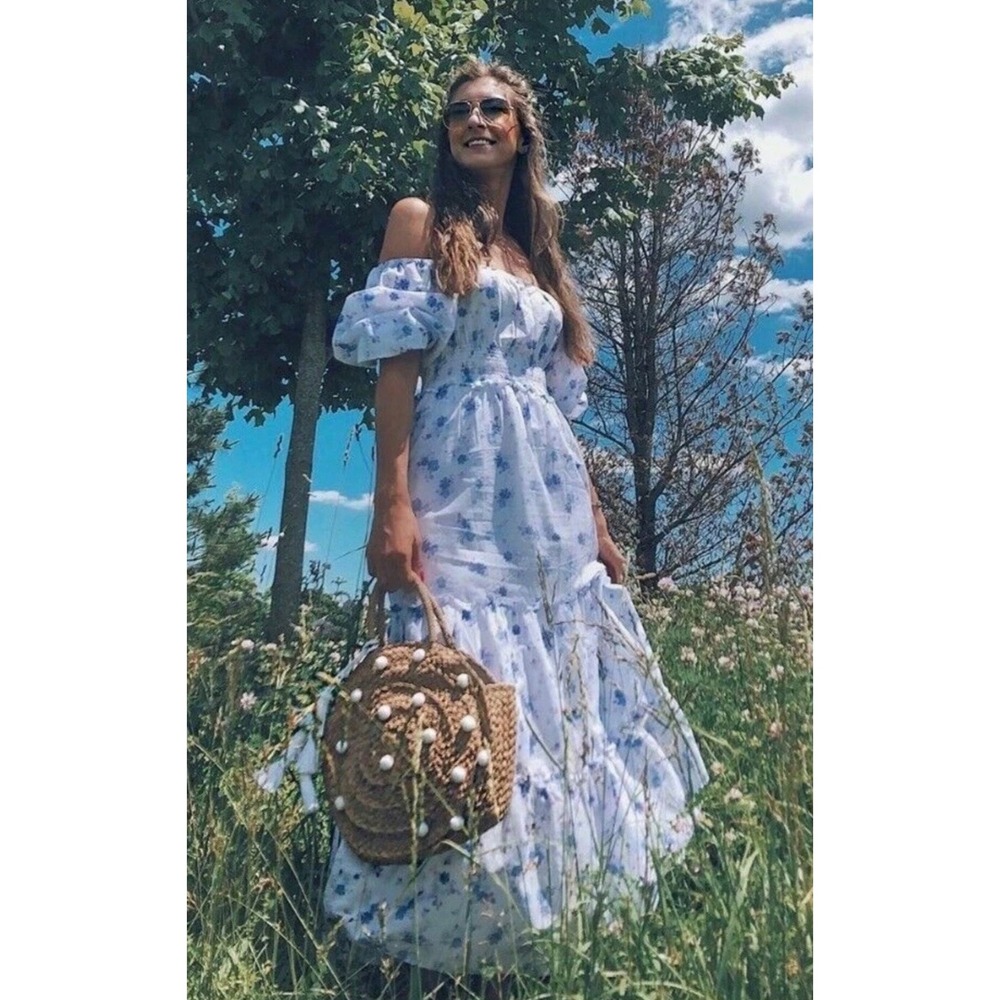 LoveShackFancy Target Floral Smocked Puff Sleeve Tiered Midi Dress White Blue S